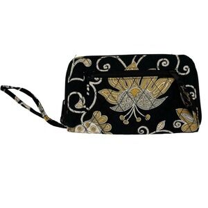 Vera Bradley Zip Around Wallet Wristlet Quilted Black Yellow Brid Floral 8 Inch